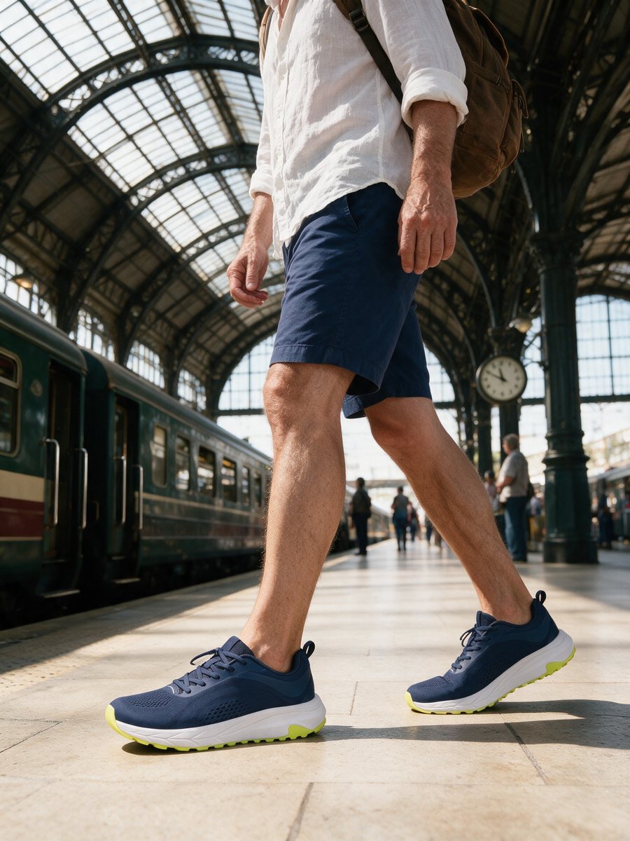 Bolster sneakers on a train station platform