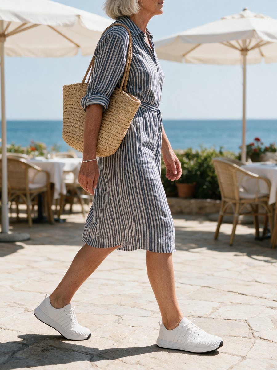 A seaside stroll past a café terrace in Breezeway sneakers