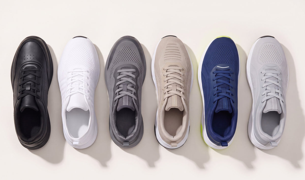 All six All Ten sneakers from above, side by side, showing their wide rounded toe boxes