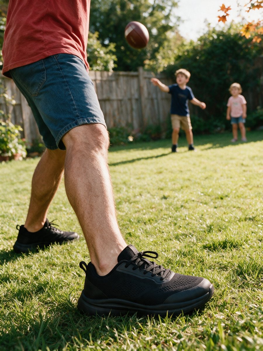 Playing catch with kids in the backyard in Holt sneakers