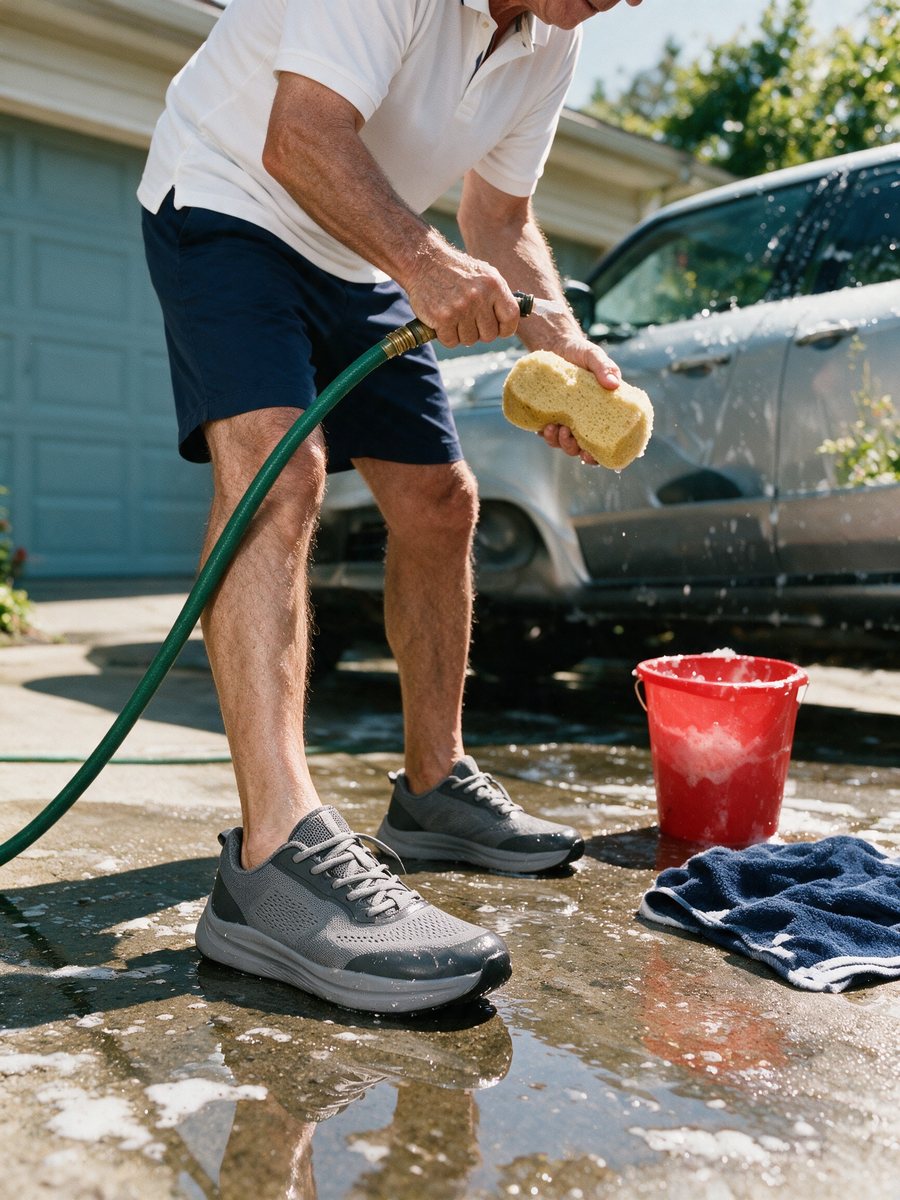 Washing a car on a wet driveway in Holt sneakers