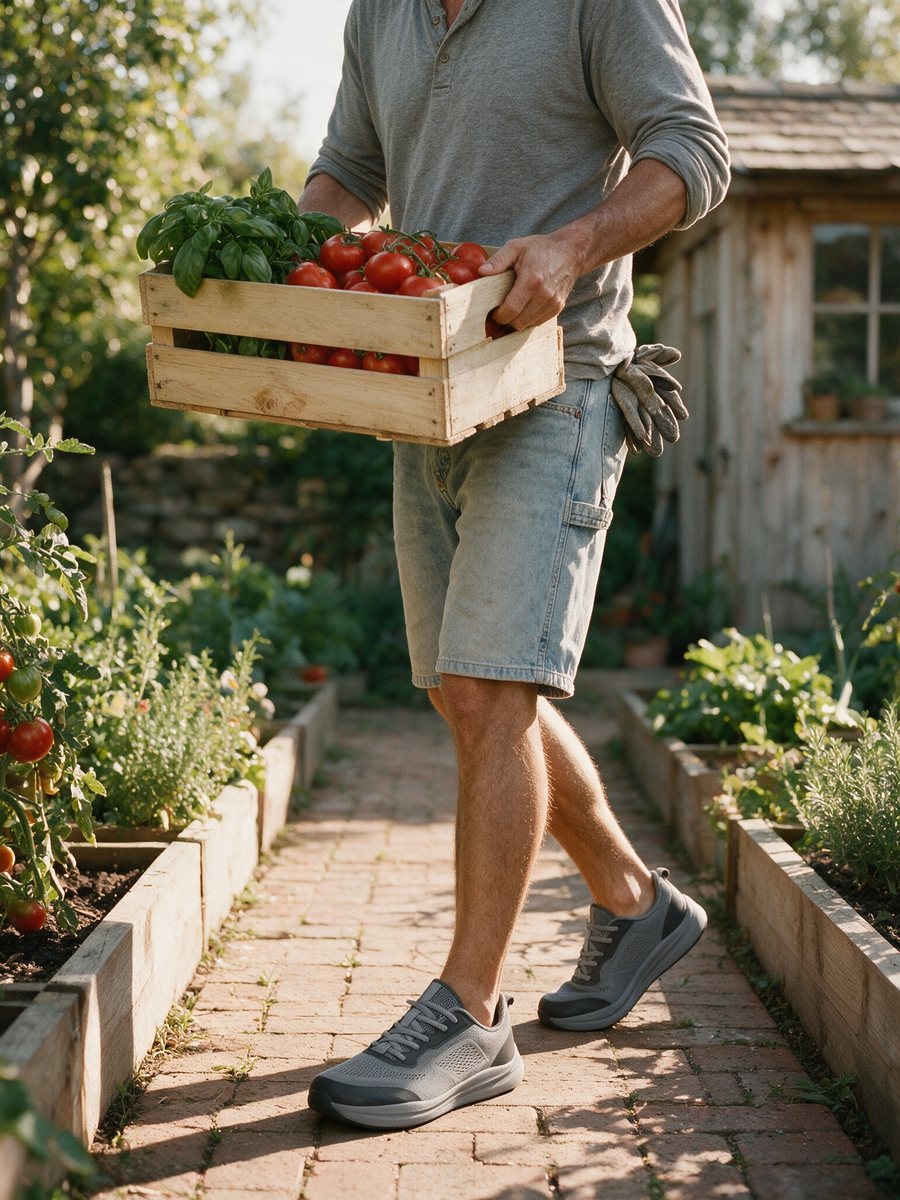 Carrying a crate of tomatoes through a garden in Holt sneakers