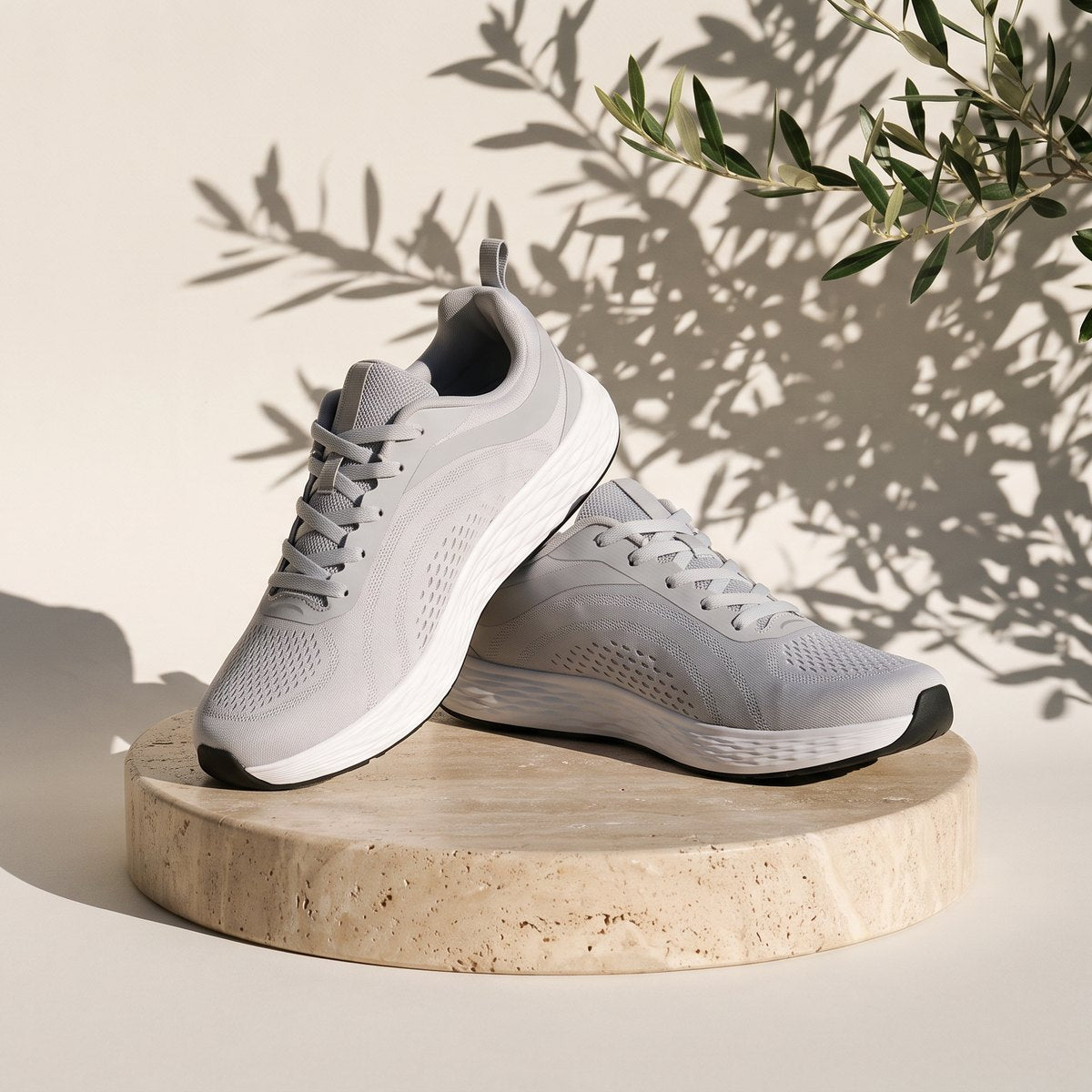 A pair of light gray Daylong sneakers on a round travertine stone in warm afternoon light