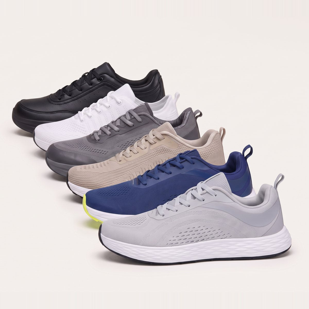 All six All Ten sneakers in a row: Ledger, Breezeway, Holt, Tallgrass, Bolster and Daylong
