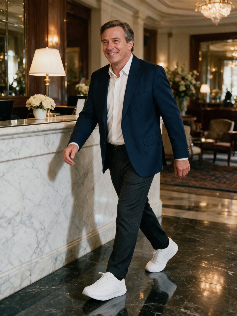 A hotel manager in a lobby wearing white Ledger sneakers