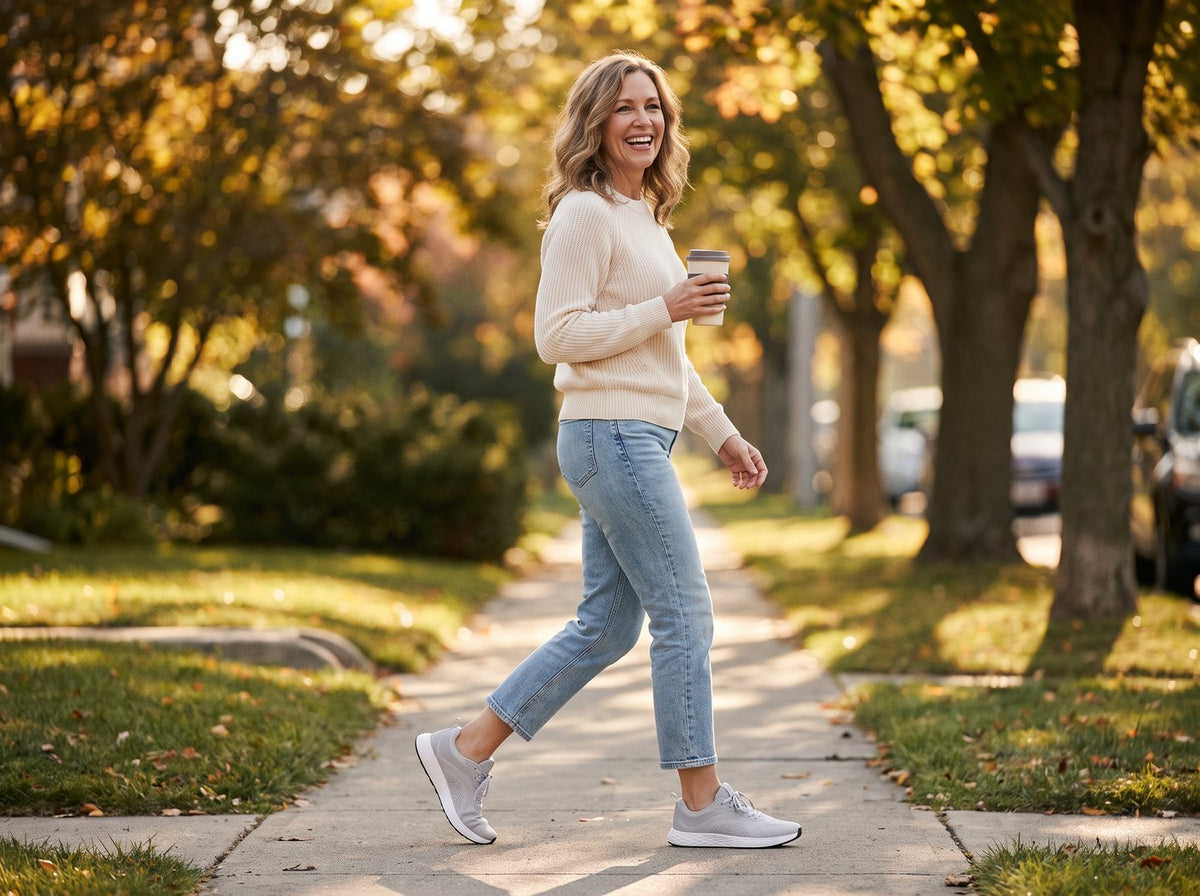 A woman walking down a tree-lined sidewalk in light gray Daylong sneakers