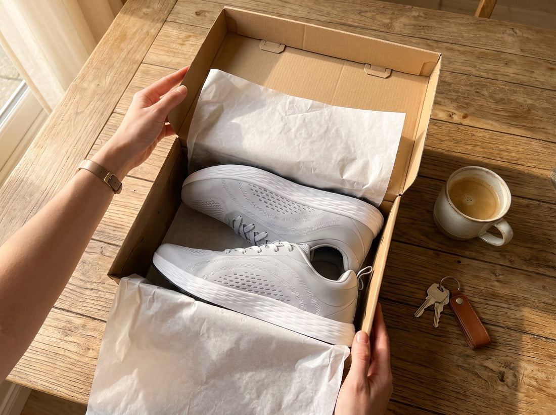 A new pair of light gray Daylong sneakers in a kraft box