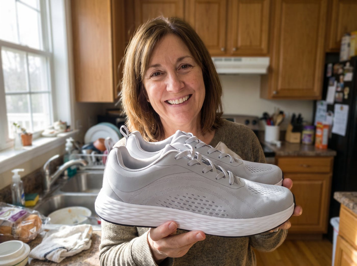 A smiling woman in her kitchen holding up a pair of light gray Daylong sneakers