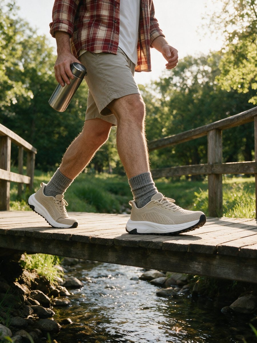 Crossing a wooden footbridge in Tallgrass sneakers