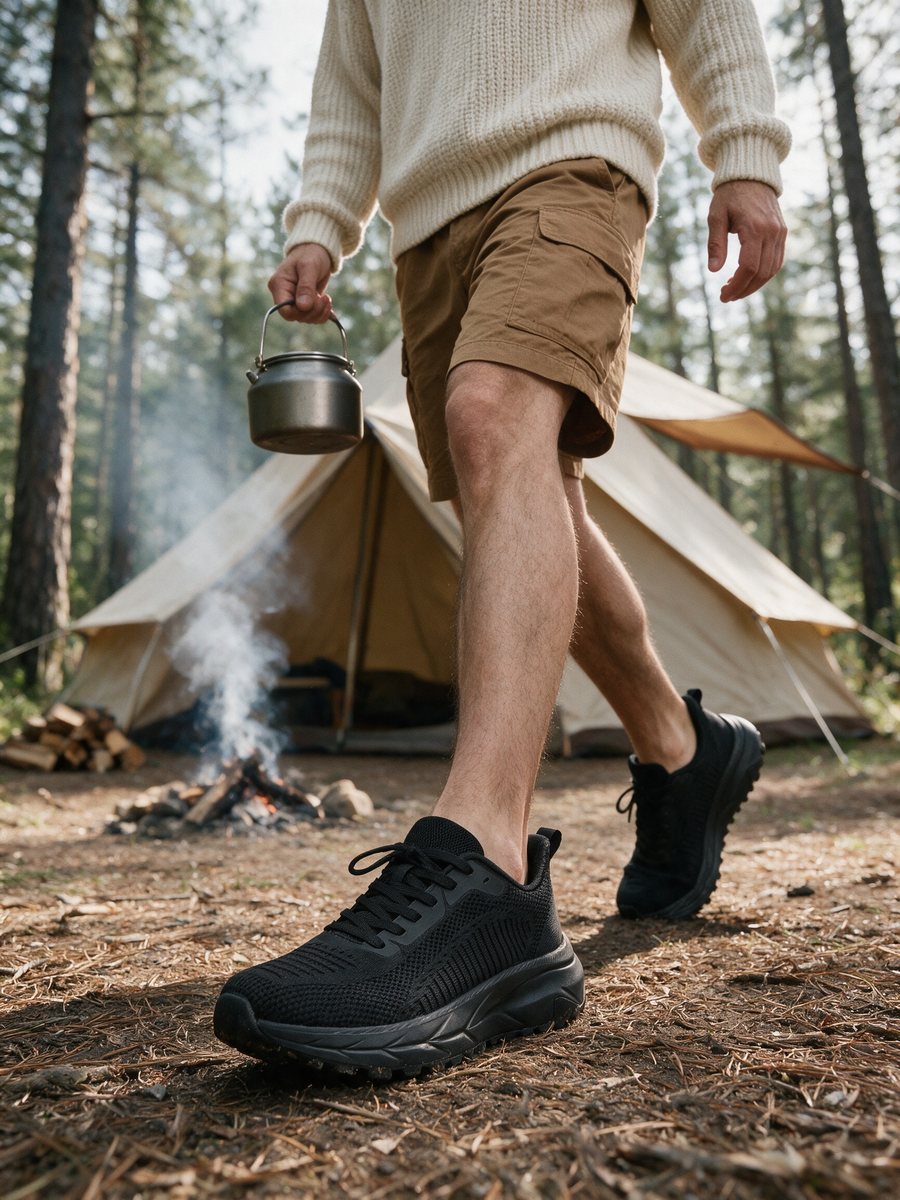 Black Tallgrass sneakers at a campsite