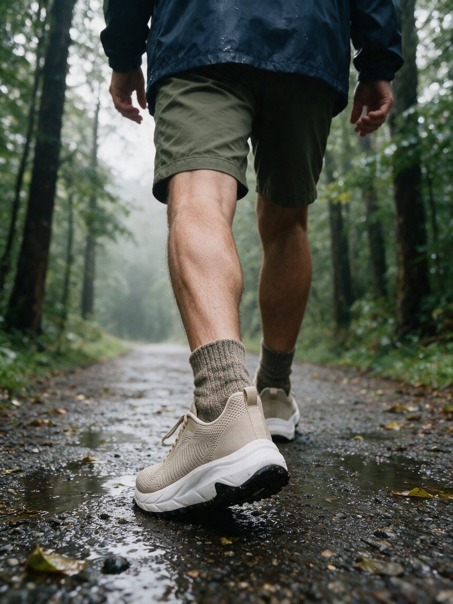 Tallgrass sneakers on a rain-soaked forest path