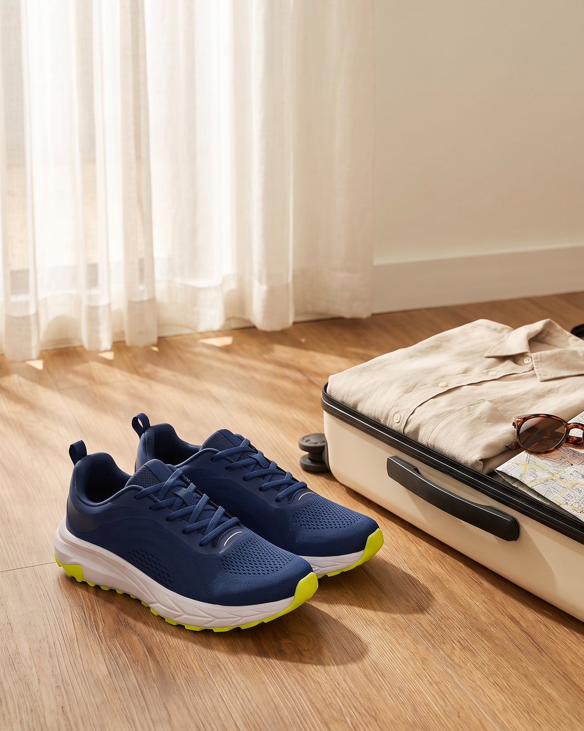 Navy Bolster sneakers with volt soles beside an open suitcase