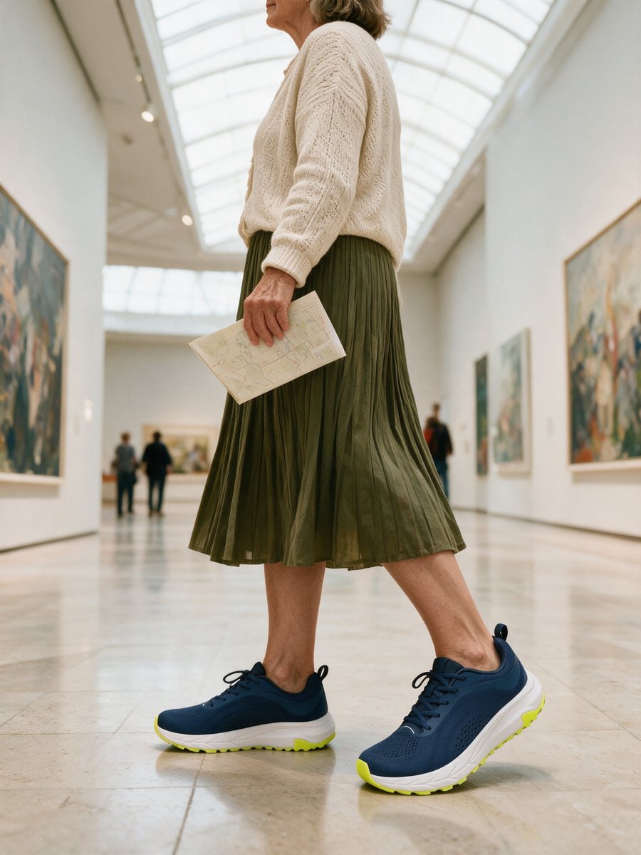 Walking through a museum gallery in Bolster sneakers