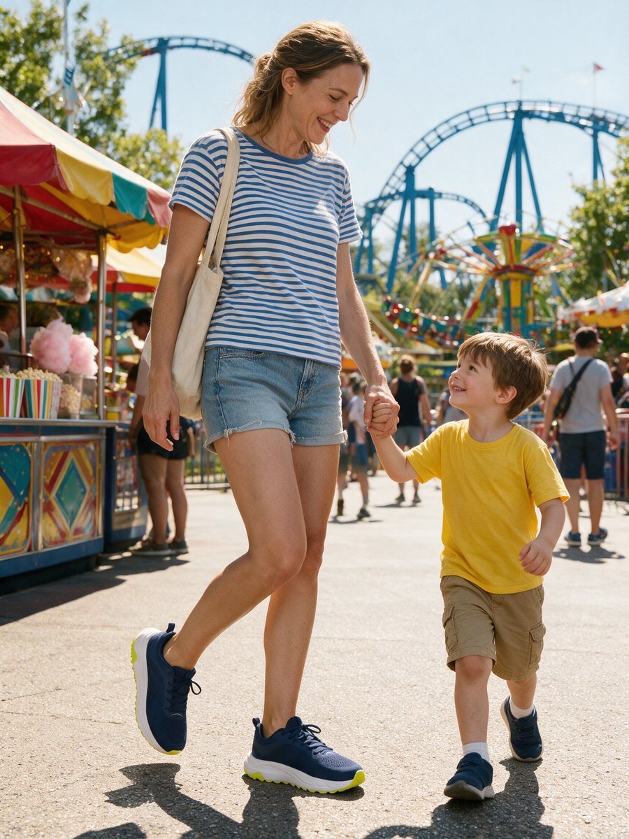 A mother and son walking through a theme park in Bolster sneakers