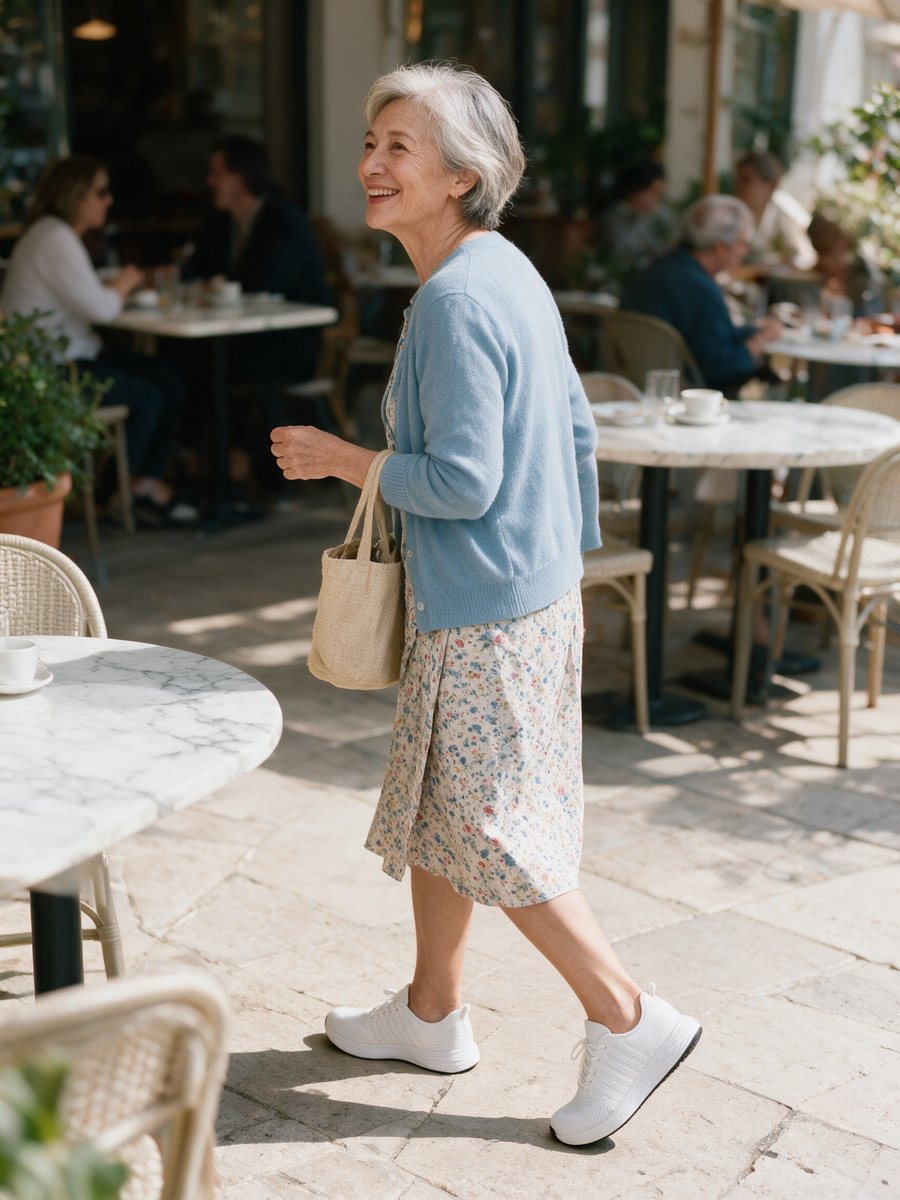 Walking out of a café in white Breezeway sneakers