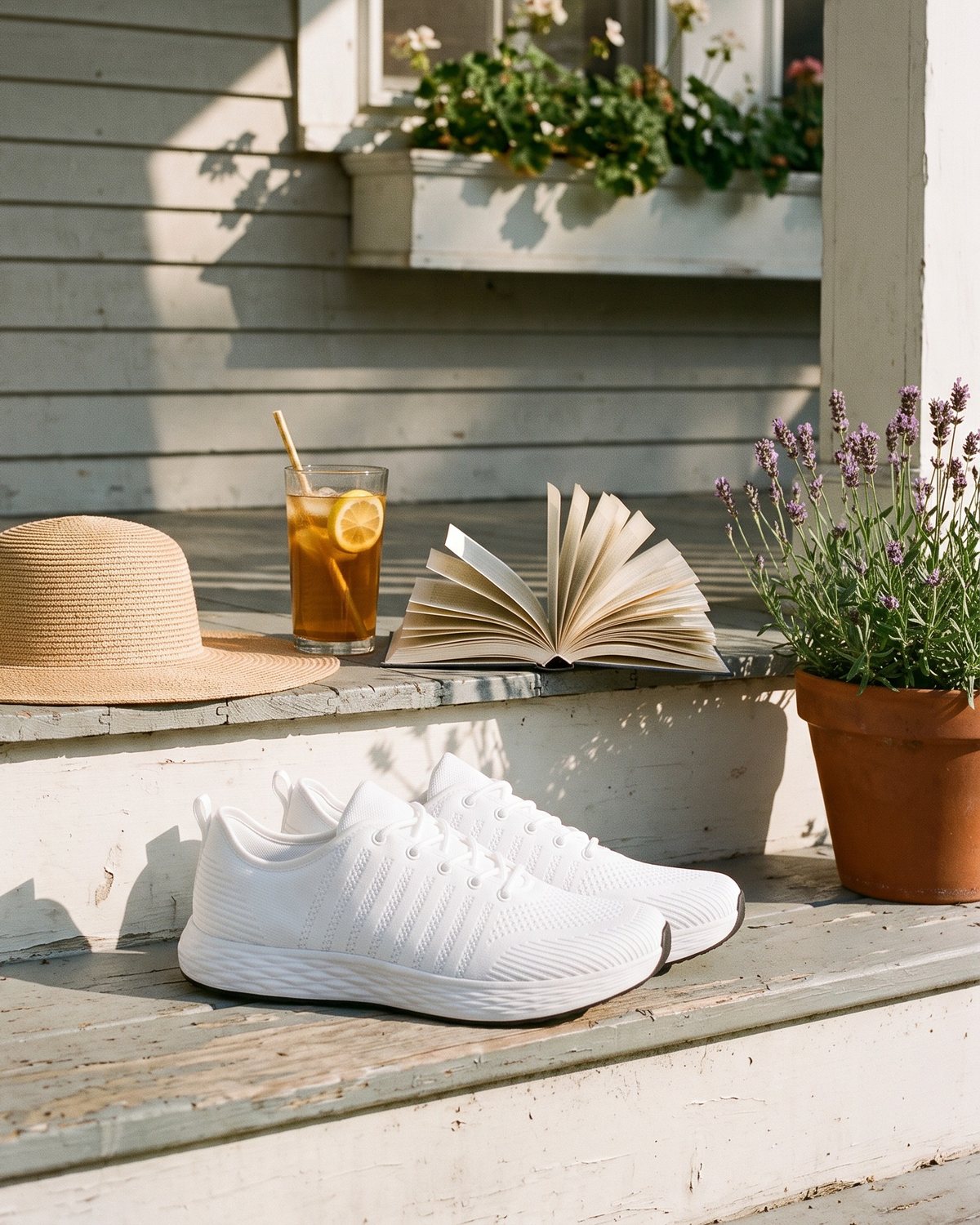 White Breezeway sneakers on sunny porch steps with flowers and iced tea