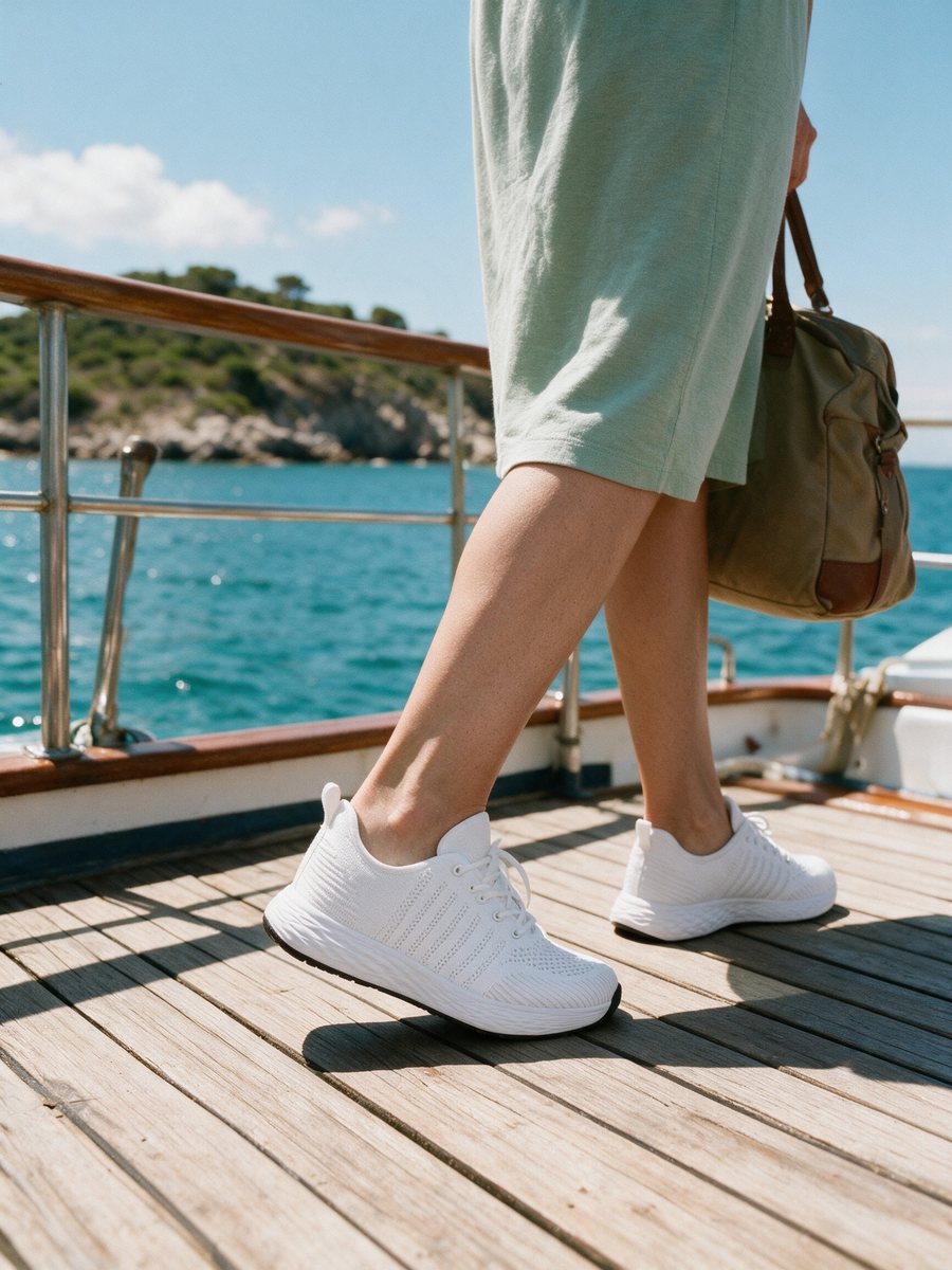 Walking on a ferry deck in white Breezeway sneakers