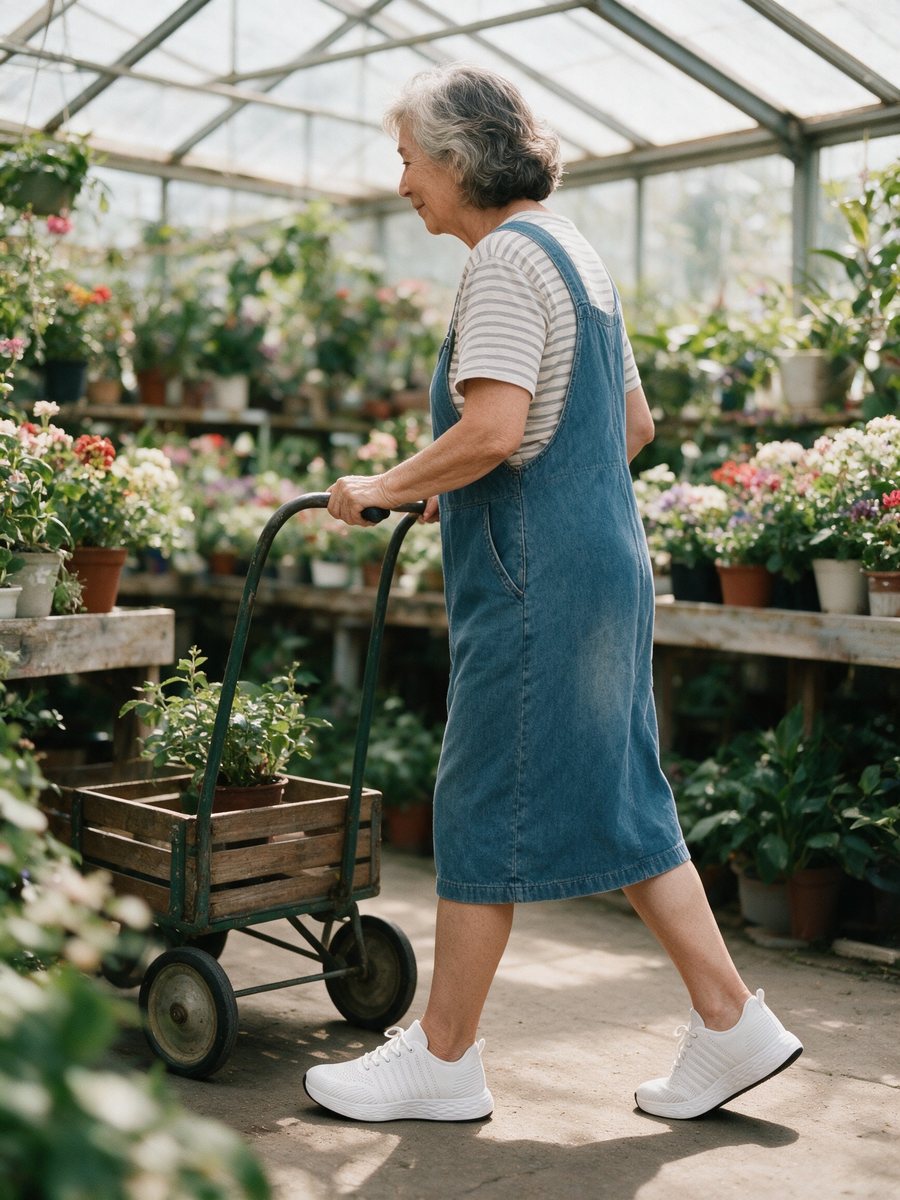 Pushing a cart through a garden center in Breezeway sneakers
