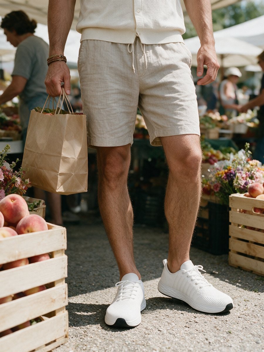 Shopping at a farmers' market in white Breezeway sneakers