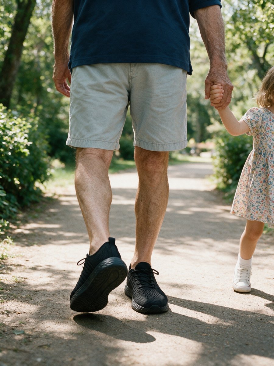 Walking hand in hand with a grandchild in black Breezeway sneakers