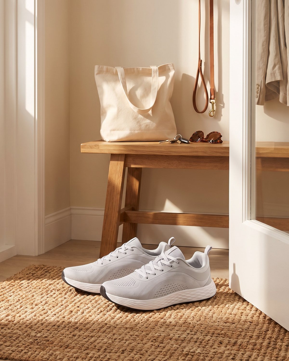 Light gray Daylong sneakers on a doormat by a sunny front door