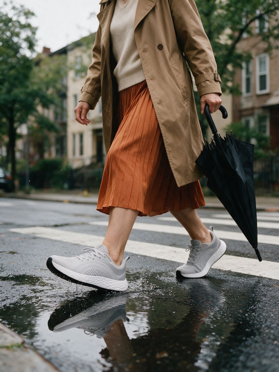 Daylong sneakers on a wet crosswalk
