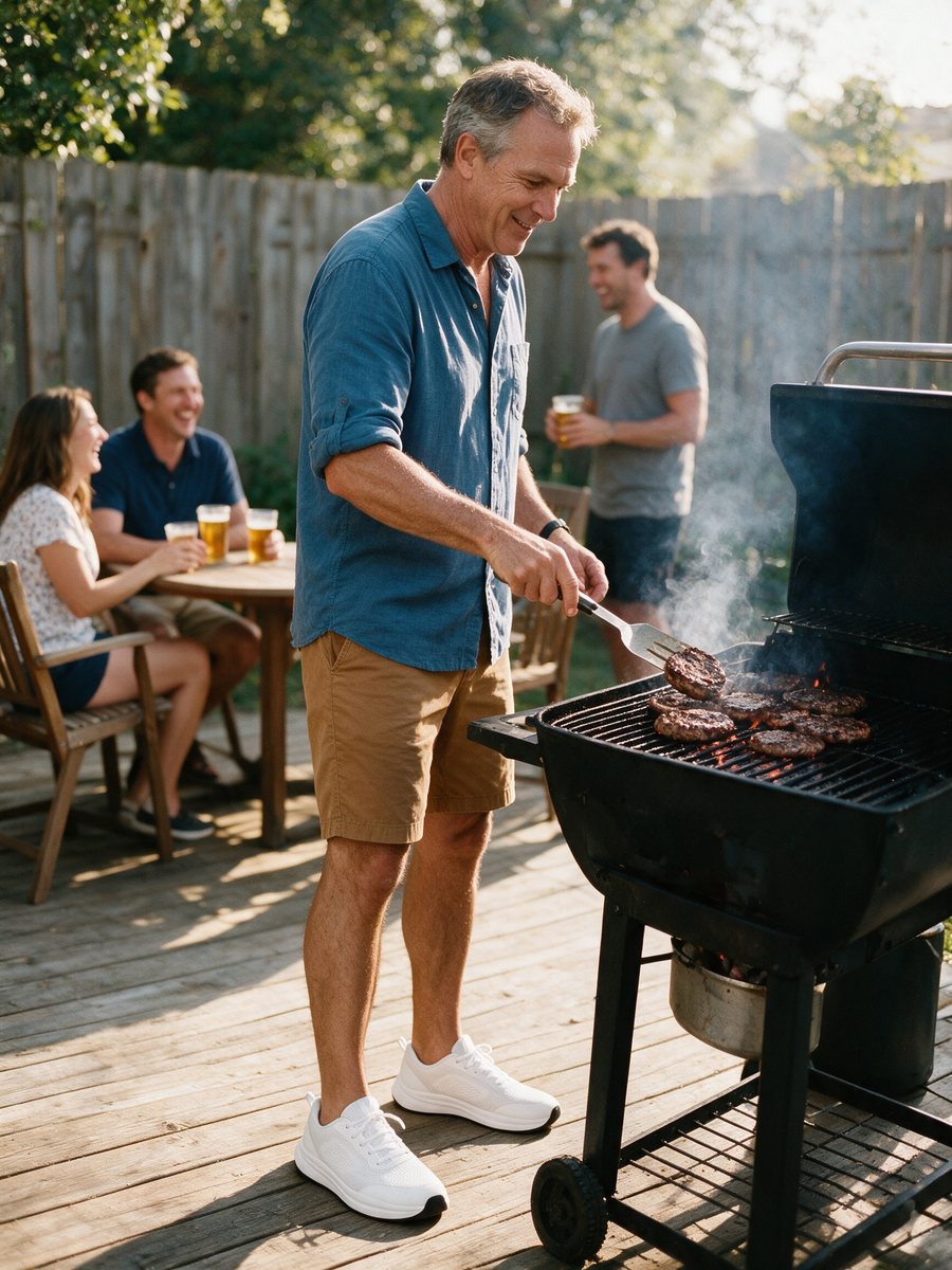 Grilling at a backyard cookout in white Holt sneakers