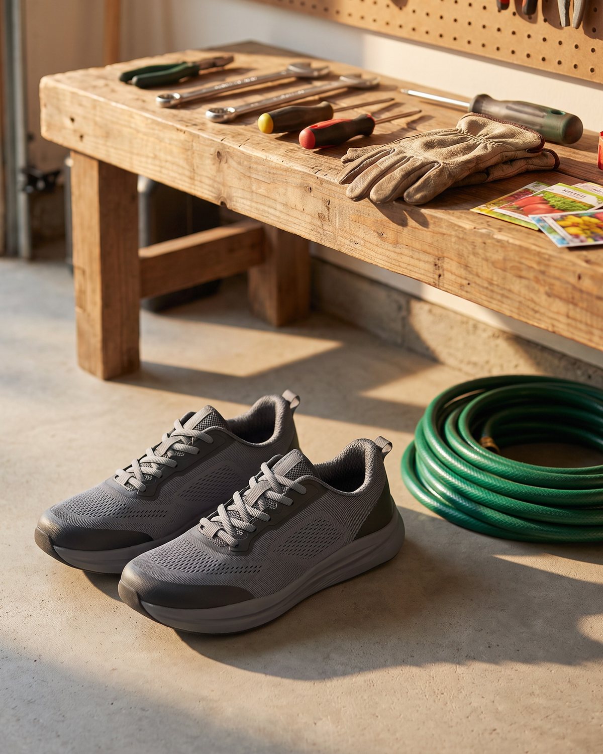 Gray Holt sneakers on a garage floor by a workbench