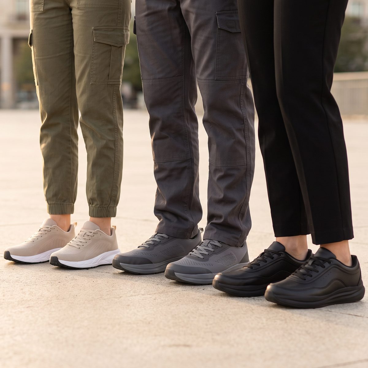 Three people on a city plaza in Tallgrass, Holt and Ledger sneakers