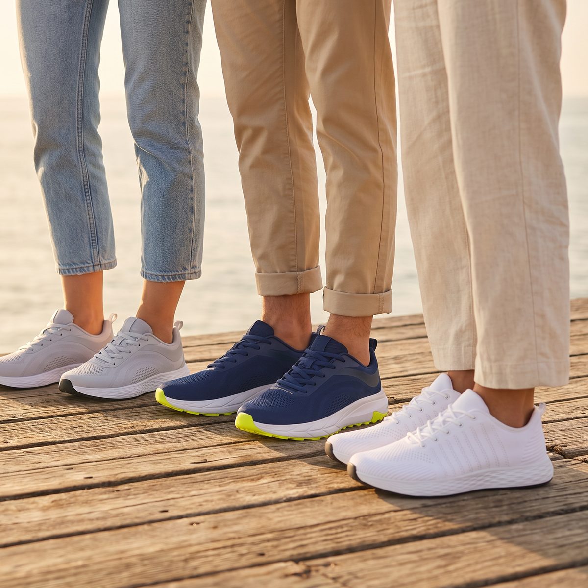Three people on a boardwalk in Daylong, Bolster and Breezeway sneakers