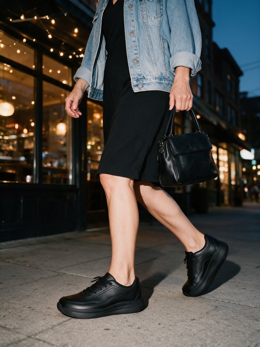 Walking to dinner in the evening in black Ledger sneakers