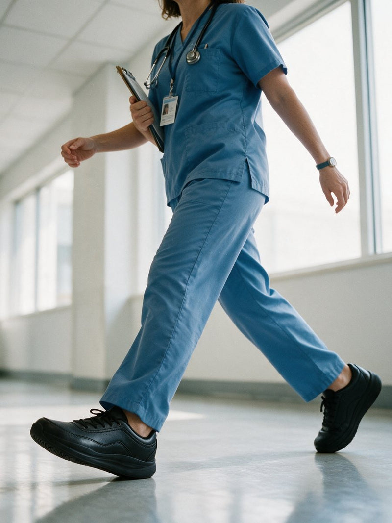 A nurse walking a hospital corridor in black Ledger sneakers
