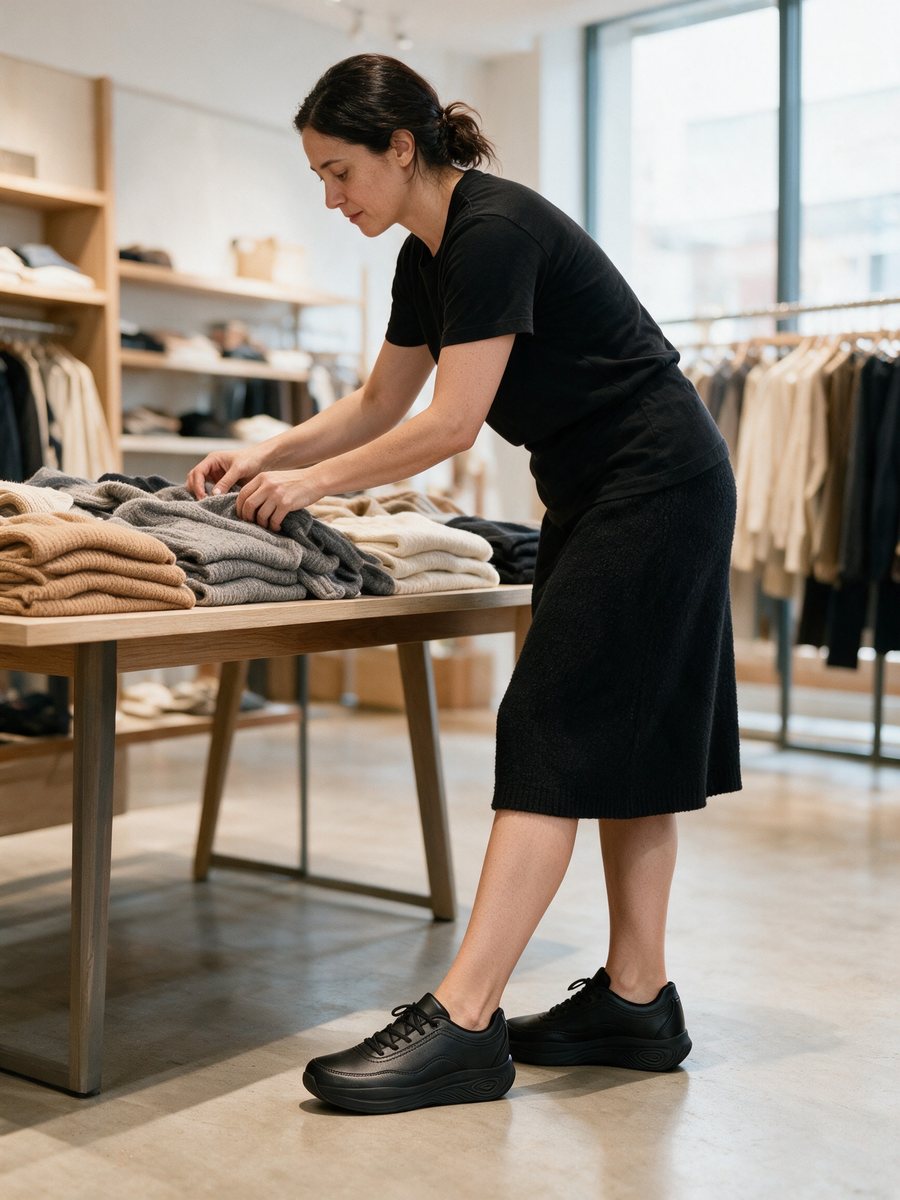 Folding sweaters on a shop floor in black Ledger sneakers