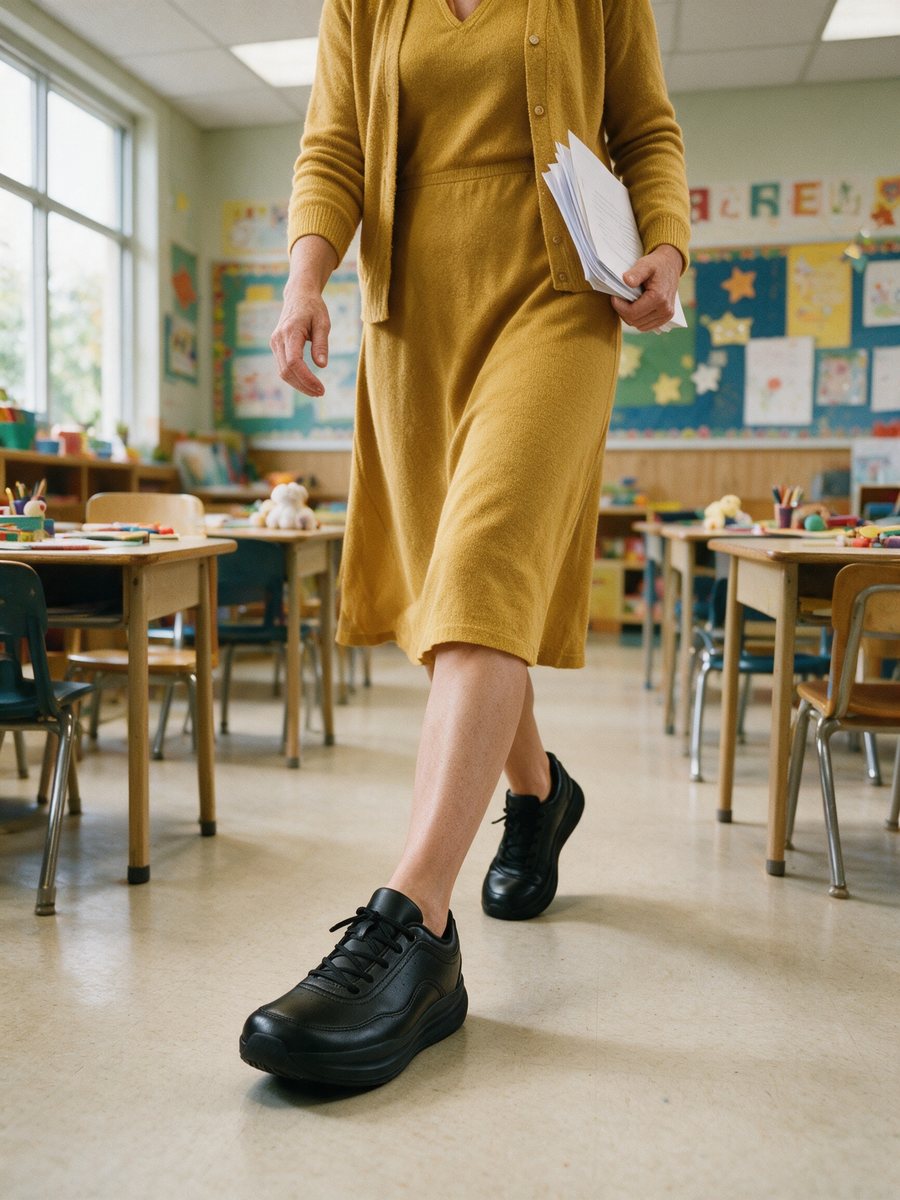 A teacher walking through a classroom in black Ledger sneakers