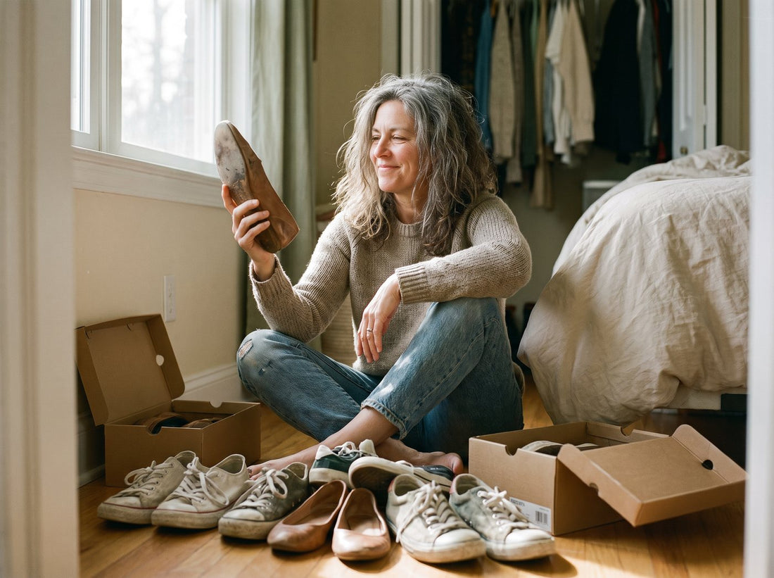 A woman sitting on her bedroom floor looking at a pile of old shoes