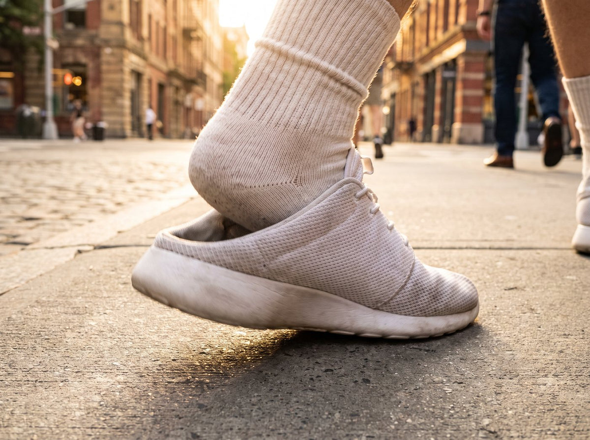 A heel lifting out of the back of a sneaker mid-step