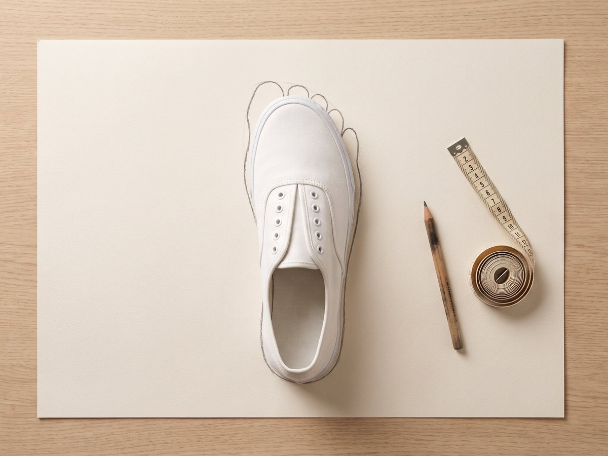 A narrow sneaker set on top of a pencil tracing of a bare foot; the tracing shows past the shoe at the toes and sides