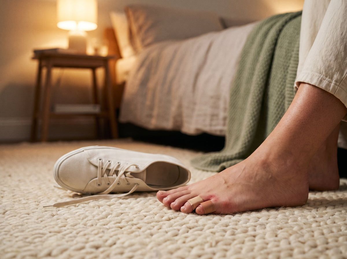 A bare foot with a bandage on the little toe next to a narrow white sneaker