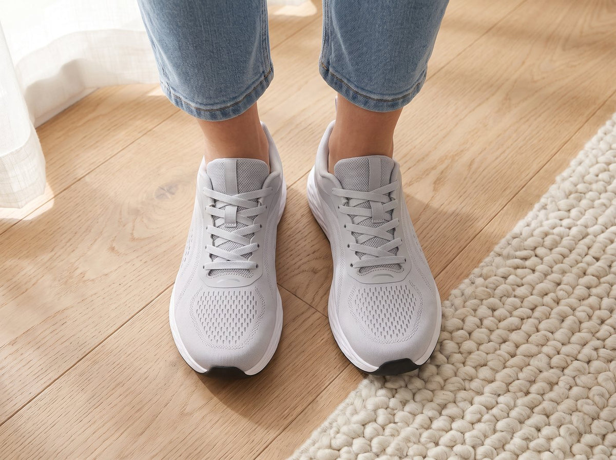 Looking down at feet in light gray Daylong sneakers with wide, rounded toe boxes