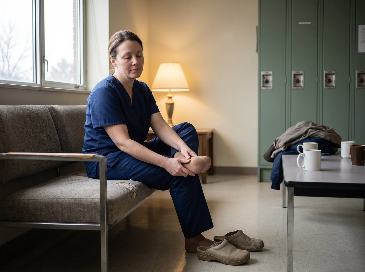 A nurse in scrubs resting her feet on a bench at the end of a shift