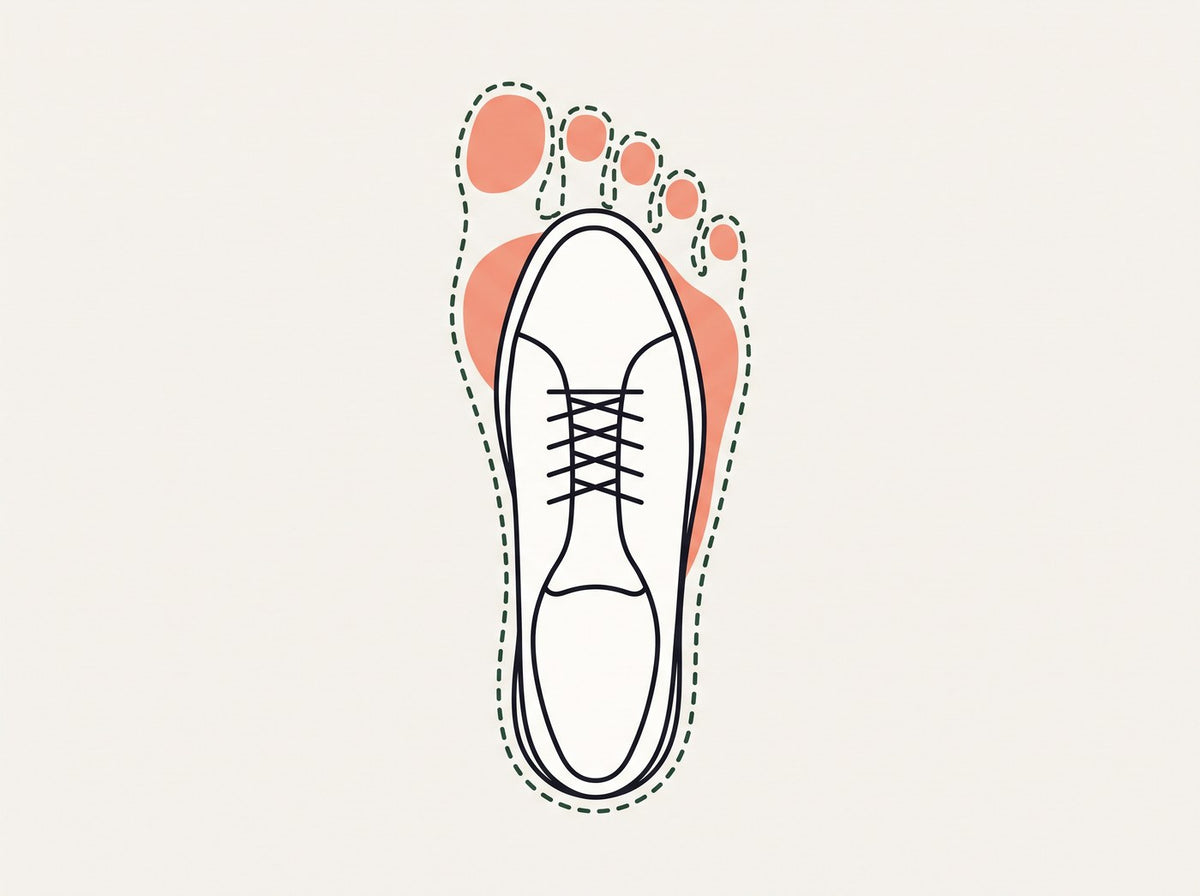 Diagram: the outline of a foot is wider than the outline of a typical sneaker placed on it; the toes and the sides of the ball of the foot stick out past the shoe
