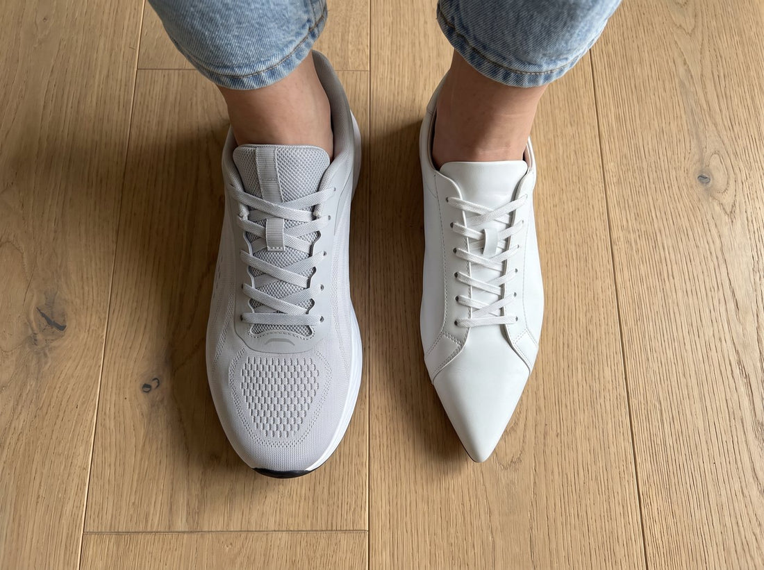 Top-down view of two feet: an All Ten sneaker with a wide, rounded toe box next to a narrow pointed sneaker