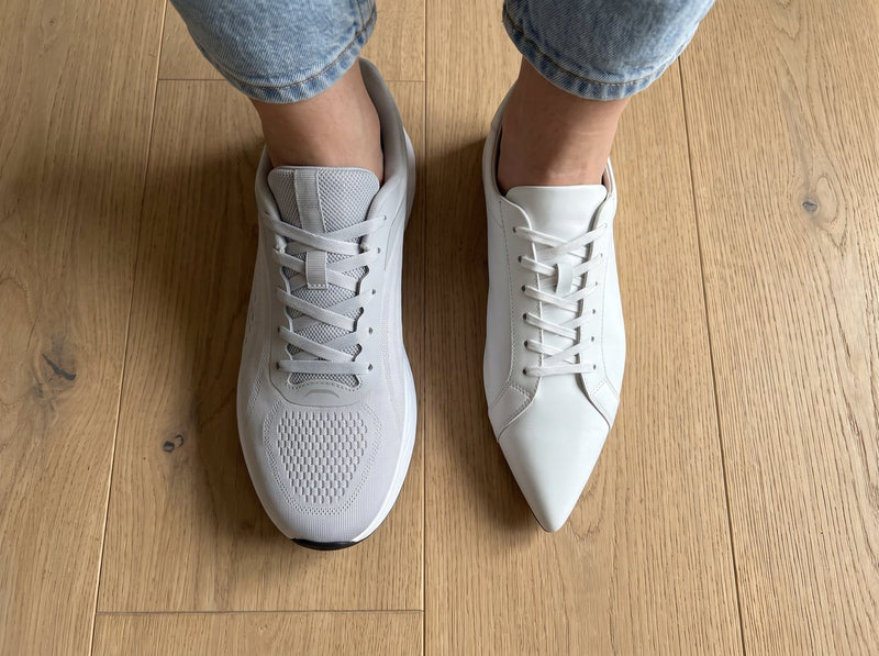 An All Ten sneaker with a wide toe box next to a narrow pointed sneaker
