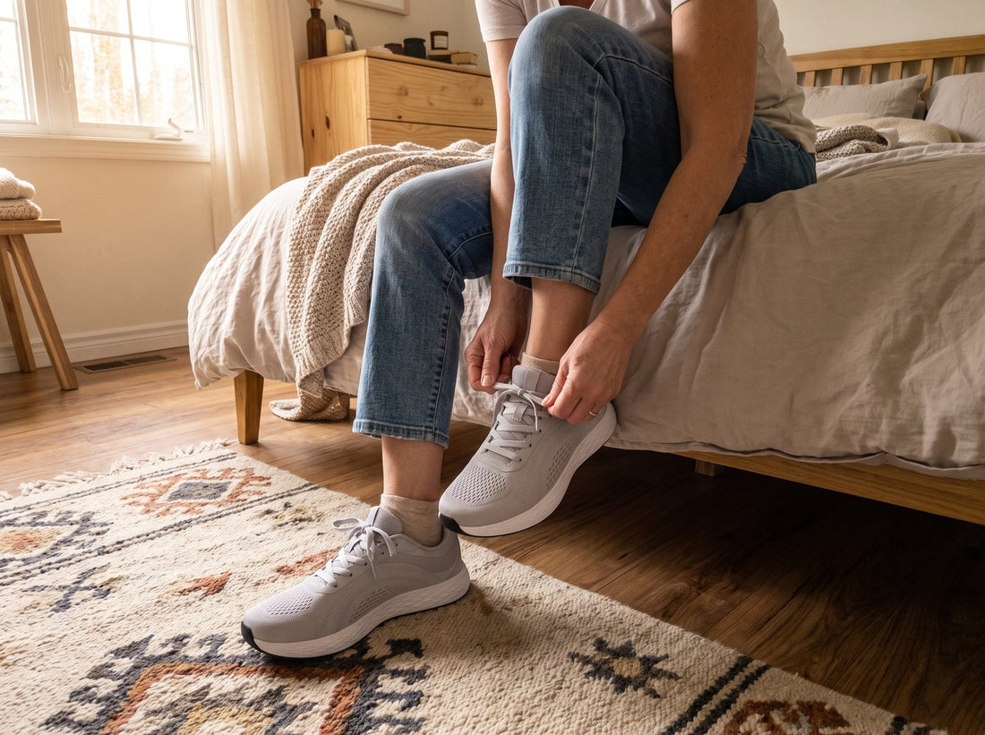 A woman tying light gray Daylong sneakers on the edge of her bed