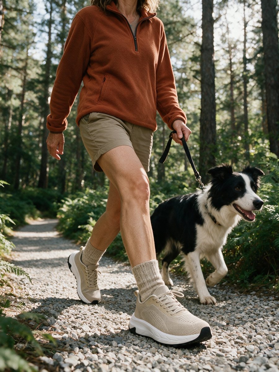 Walking a border collie on a gravel path in Tallgrass sneakers