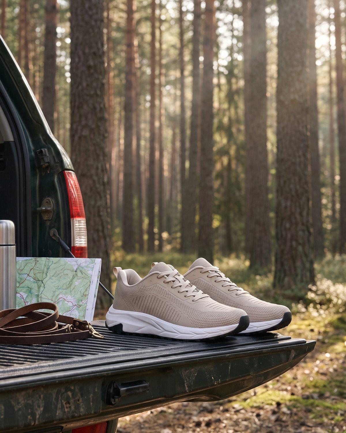 Sand Tallgrass sneakers on the tailgate of a car at a forest trailhead