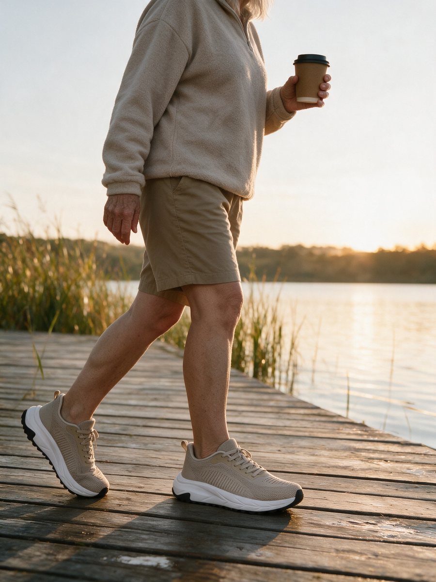 Walking along a lake dock in Tallgrass sneakers