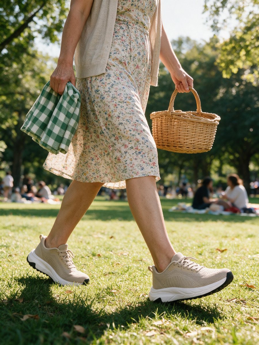 Walking across a park lawn to a picnic in Tallgrass sneakers